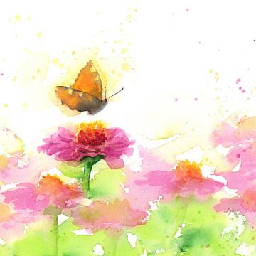 Pinkfarbene Zinnien und Schmetterling von Karen Kaspar