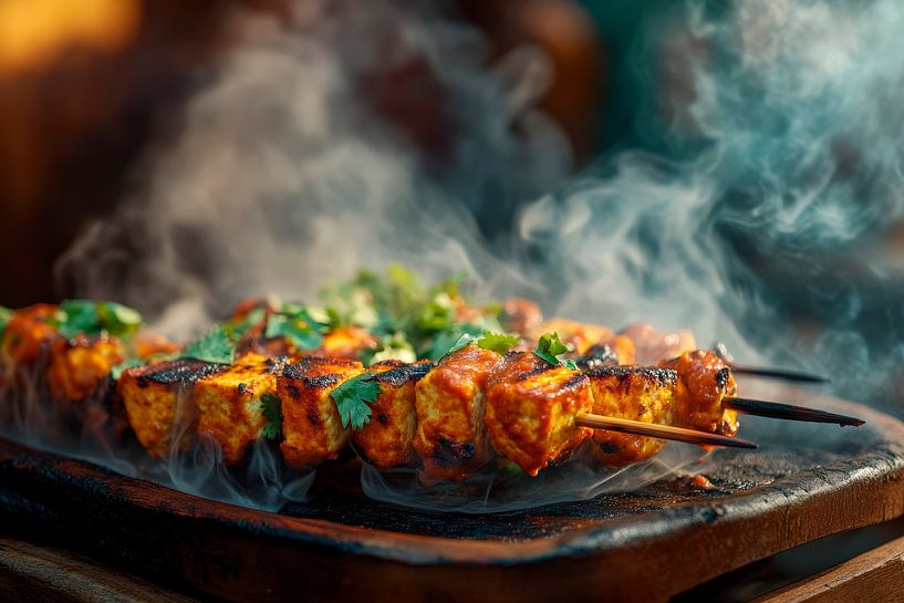 Rauchende Grillspieße mit frischen Kräutern von Poster Art Shop