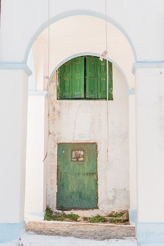 Green door under bell-tower | Greece -Samos | travel photography | Bright and airy colored photo