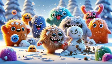 Vrolijke monsters vieren een besneeuwd winterfeest van artefacti