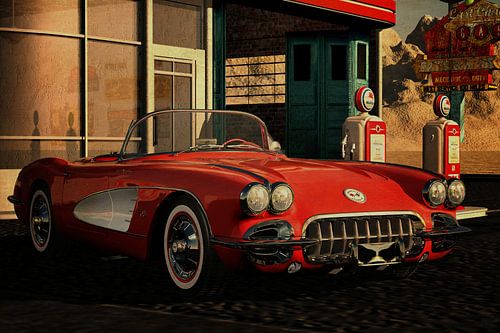 Chevrolet Corvette C1 bij een oud benzinestation