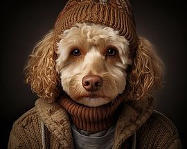 Portrait of dog in winter jumper with hat