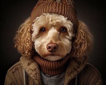 Portrait d'un chien en pull d'hiver avec un chapeau sur Vlindertuin Art