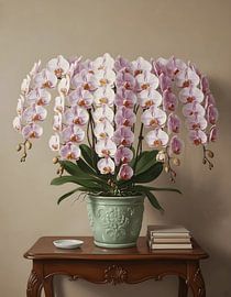 Orchid Phalaenopsis lobbii in a pastel-colored ceramic pot by Regan Frederick