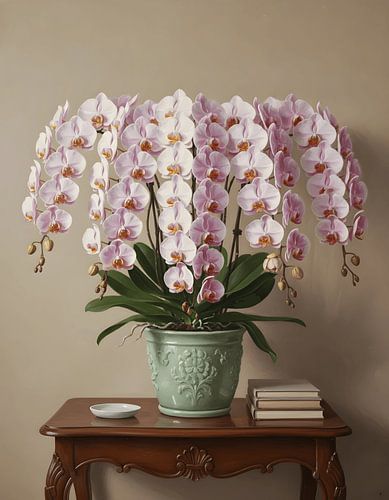 Phalaenopsis-Orchidee (Phalaenopsis lobbii) in einem pastellfarbenen Keramiktopf