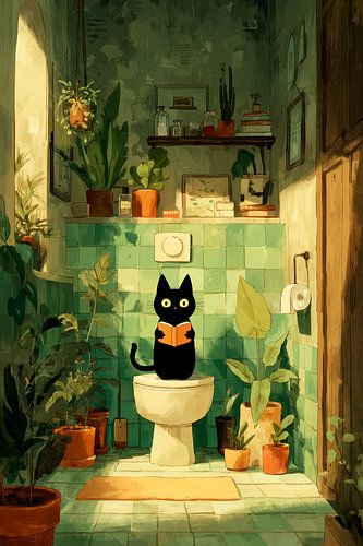Chat noir sur les toilettes avec un livre