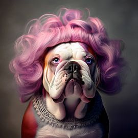 Bulldog with pink wig by Evelien Prins