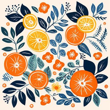 Lemons, oranges & blue leaves van Bianca ter Riet