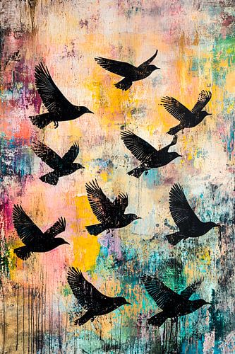 Zwarte vogels tegen kleurrijke achtergrond