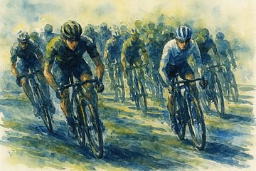De kopgroep breekt los (wielrenners peloton blauw groen stoer aquarel schilderij mancave voor mannen)