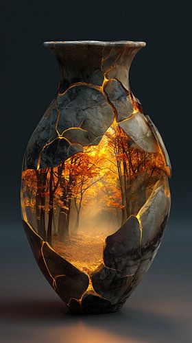 Une forêt dorée et lumineuse dans un vase en pierre