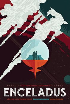 STK204748S-Retro space travel poster of Enceladus' icy jets and the Cassini mission to Saturn.