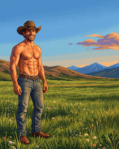 Un cow-boy en pixel art debout dans une prairie de montagne paisible
