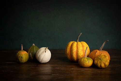Herfst, oogst of Halloween stilleven met pompoenen tegen een groene achtergrond