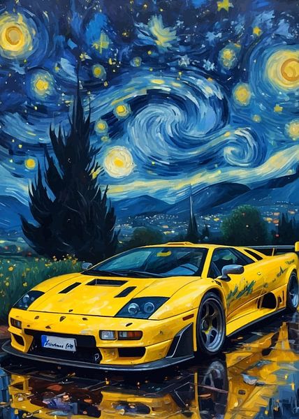 La nuit étoilée Lamborghini Diablo GT-R jaune par MIROKKU