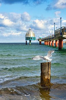 Die Seebrücke von Zingst, die ins Meer reicht und am Ende eine Tauchgondel hat.