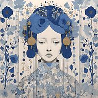 Portrait au trait Olivia Botanical en bleu marine et or