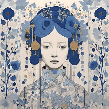 Olivia Botanisch lijnkunst portret in marine blauw en goud van Anouk Maria