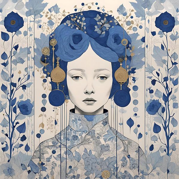 Olivia Botanical line art portrait in marineblau und gold von Anouk Maria