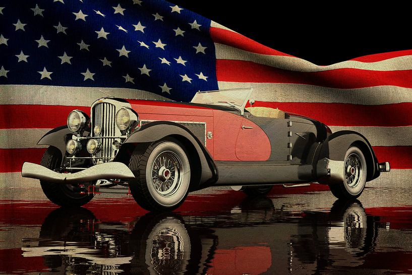 Duesenberg SJ Speedster 1933 with American flag by Jan Keteleer (JanKé): A Journey Beyond the Canvas