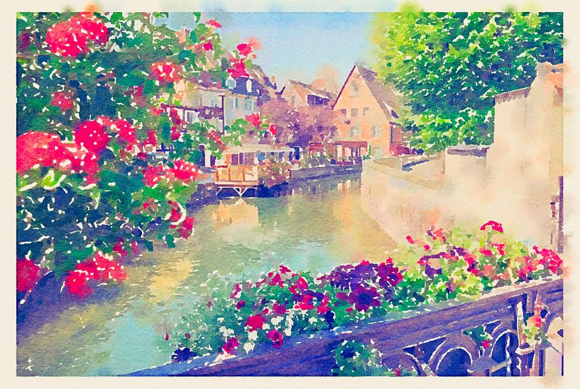 Sommer Colmar Stadt bei Straßburg, Frankreich, Aquarellstil von Ariadna de Raadt-Goldberg