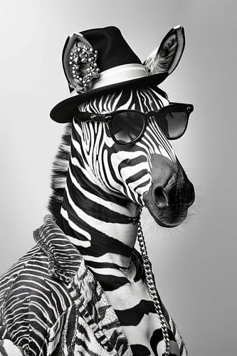 Zebra met hoed en zonnebril in zwart en wit
