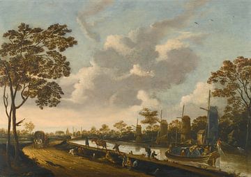 Een landschap met een schuit die langs een kanaal wordt gesleept, Pieter Bout
