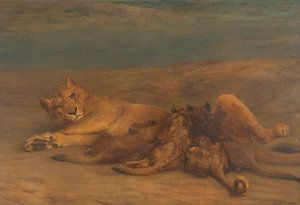 Une lionne avec quatre petits qui allaitent appelée "Motherly Love", John Macallan Swan