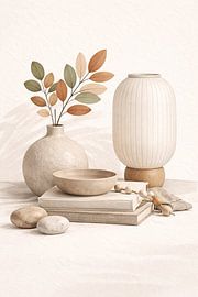 Bringen Sie mit diesem eleganten, neutralen Japandi-Stillleben ruhige Raffinesse in Ihr Zuhause. Mit weichen Keramiktexturen, natürlichen Farbtönen und klarem skandinavischem Design schafft diese minimalistische Komposition einen friedlichen Blickfang für moderne Innenräume.  Die ausgewogene Anordnung von Keramik, Büchern und organischen Elementen macht dieses Kunstwerk perfekt für Wohnzimmer, Schlafzimmer, Büros und ruhige Leseecken. Seine warme, neutrale Farbpalette fügt sich mühelos in zeitgenössische, Wabi-Sabi- und nordische Einrichtungsstile ein. von MARTINA KUSUMA DEWI