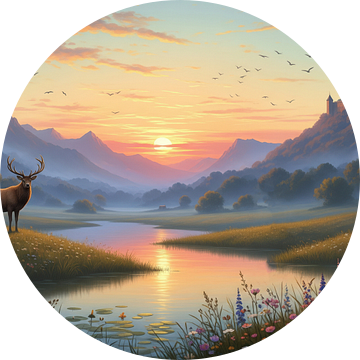 Hert bij rivier met zonsondergang, bergen en ver kasteel van Markus Gann