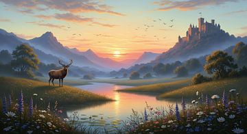 Hert bij rivier met zonsondergang, bergen en ver kasteel van Markus Gann