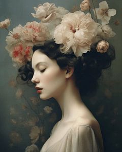 Poetisches Porträt einer Frau mit rosa Blumen