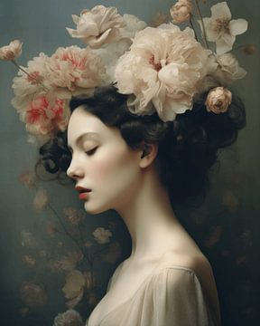 Poetic portrait of a woman with pink flowers by Carla Van Iersel