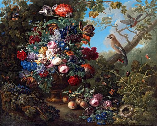 Groot stilleven van bloemen met vogels, Johann Baptist Drechsler