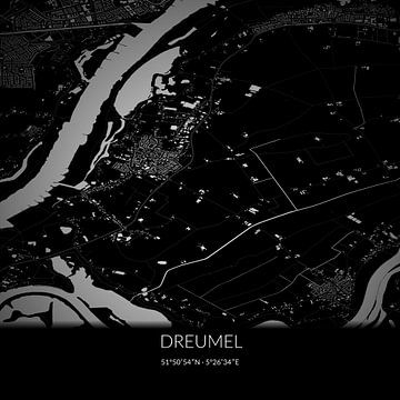 Schwarz-weiße Karte von Dreumel, Gelderland. von Rezona