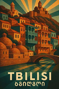 Tbilisi Old Town Vintage Poster – Narikala Fortress & Balconies Art Print by Travel Shop