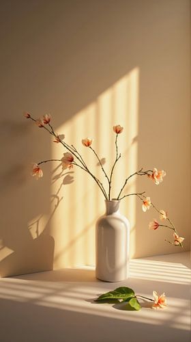 Takken van perzikbloesem in witte vaas die schaduwen werpen in warm zonlicht