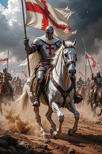 Dark Fantasy Wandbild: CRUCIORIX – Ein Kreuzritter reitet mit seiner Armee in die Schlacht