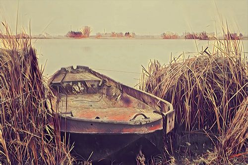Boat by the water painting