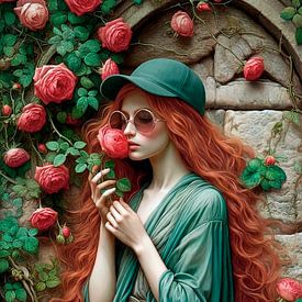 Une femme aux cheveux roux sent une rose sur ¡ guay !
