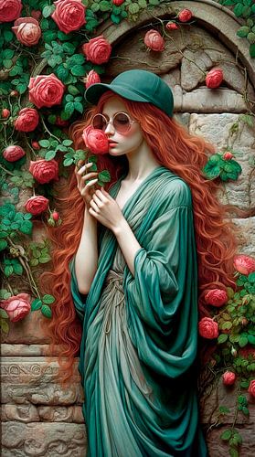 A woman with red hair sniffs a rose