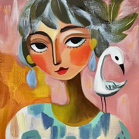 Dromer en de witte Vogel; kleurrijk portret van een vrouw en haar vogel van Bianca ter Riet
