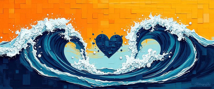 Abstracte botsing van golven - geboorte van het blauwe hart van AidasignArt