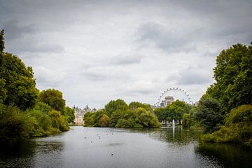 Park in Londen met zicht op Buckingham Palace en de London Eye van Marcel Alsemgeest