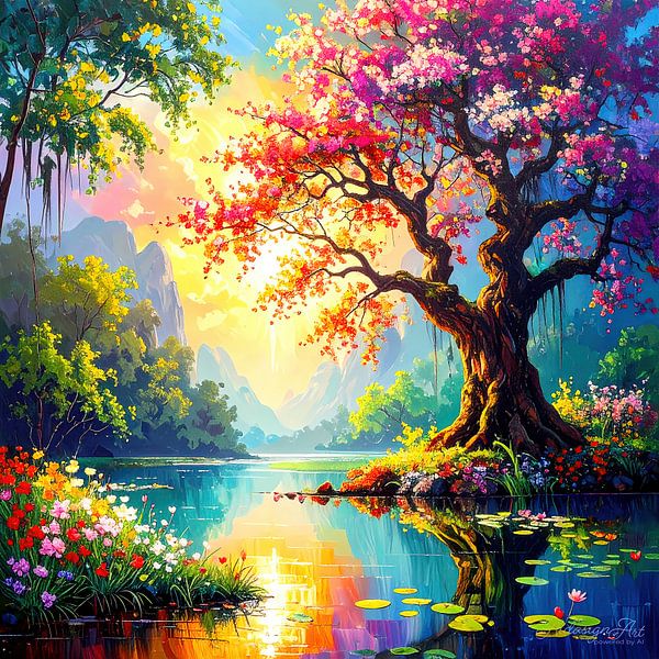 Tree of life in the golden evening light of the sunset at the sunken forest lake between water and distant mountains by AidasignArt