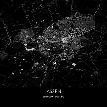 Zwart-witte landkaart van Assen, Drenthe. van Rezona
