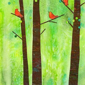 Birds in a summer forest Paper collage by Karen Kaspar