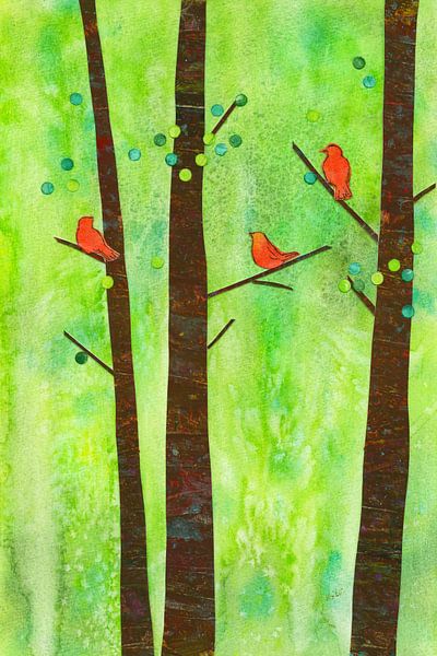 Vögel in einem Sommerwald Papiercollage von Karen Kaspar