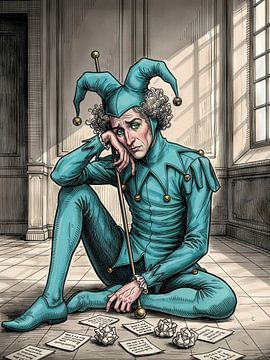 Melancholy jester experiencing writer's block with crumpled papers