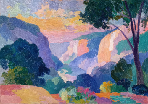 A colourful Impressionist mountain landscape at sunset